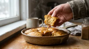 Pulling apart a warm maple chai biscuit bite from the pan