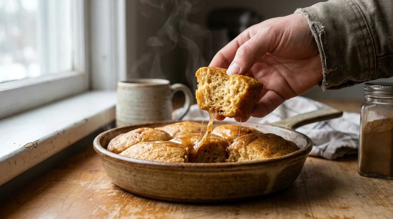 Pulling apart a warm maple chai biscuit bite from the pan