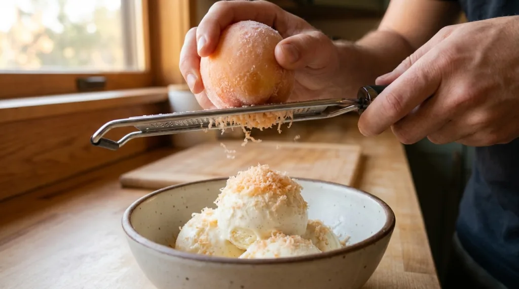 Shaved Frozen Peach Ice Cream Topping: The Viral Ice Cream Topping Hack You Need to Try 3 Shaved Frozen Peach Ice Cream Topping