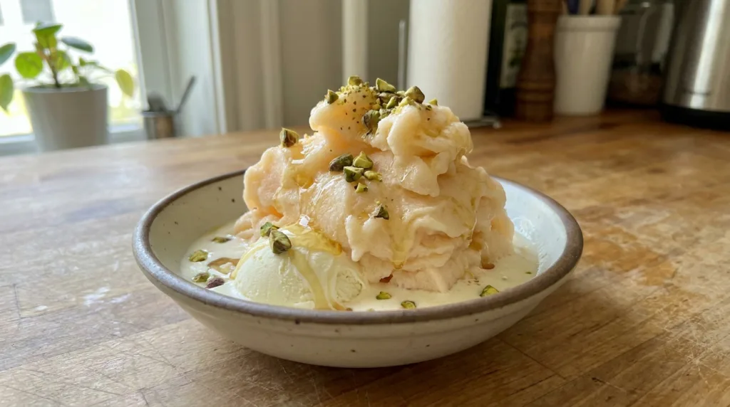 Ice cream topped with shaved frozen peach and pistachios
