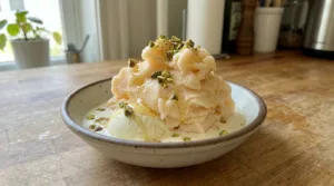 Ice cream topped with shaved frozen peach and pistachios