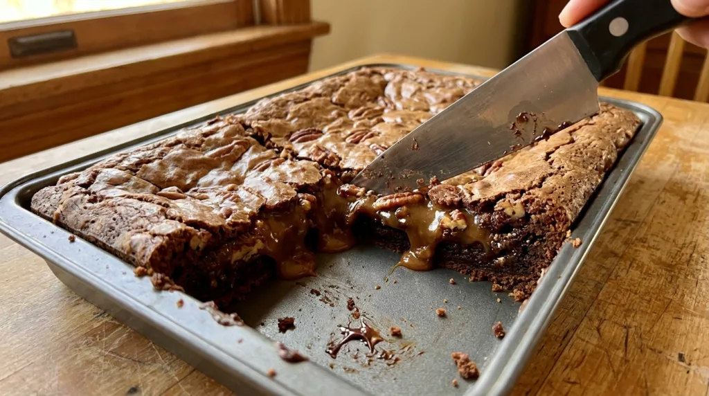 Gooey Pecan Pie Brownies (Fudgy & Easy Recipe) 3 Slicing into a pan of fudgy pecan pie brownies studded with toasted pecans and a gooey filling.
