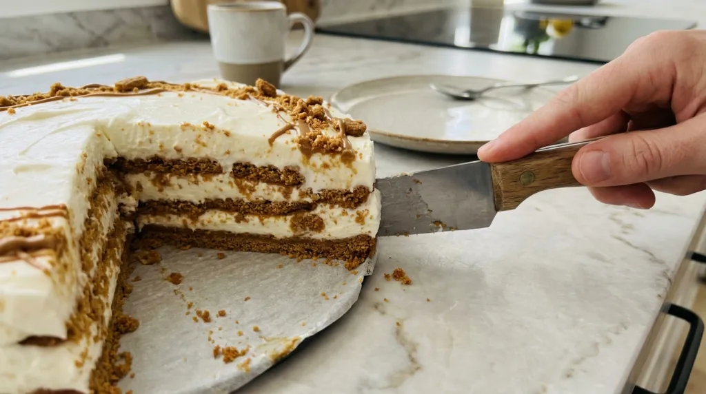 2-Ingredient Yogurt Cheesecake: The Viral No-Bake Biscoff Dessert 3 Sliced 2-ingredient yogurt cheesecake showing layered Biscoff cookies