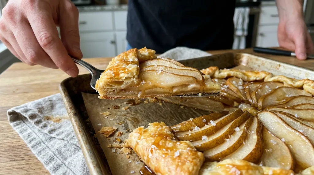 Slice of salted maple pear galette with flaky crust and tender pears