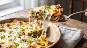 A slice of Dumpling Lasagna with delicate wonton wrapper layers lifted from a baking dish with a dramatic mozzarella cheese pull.