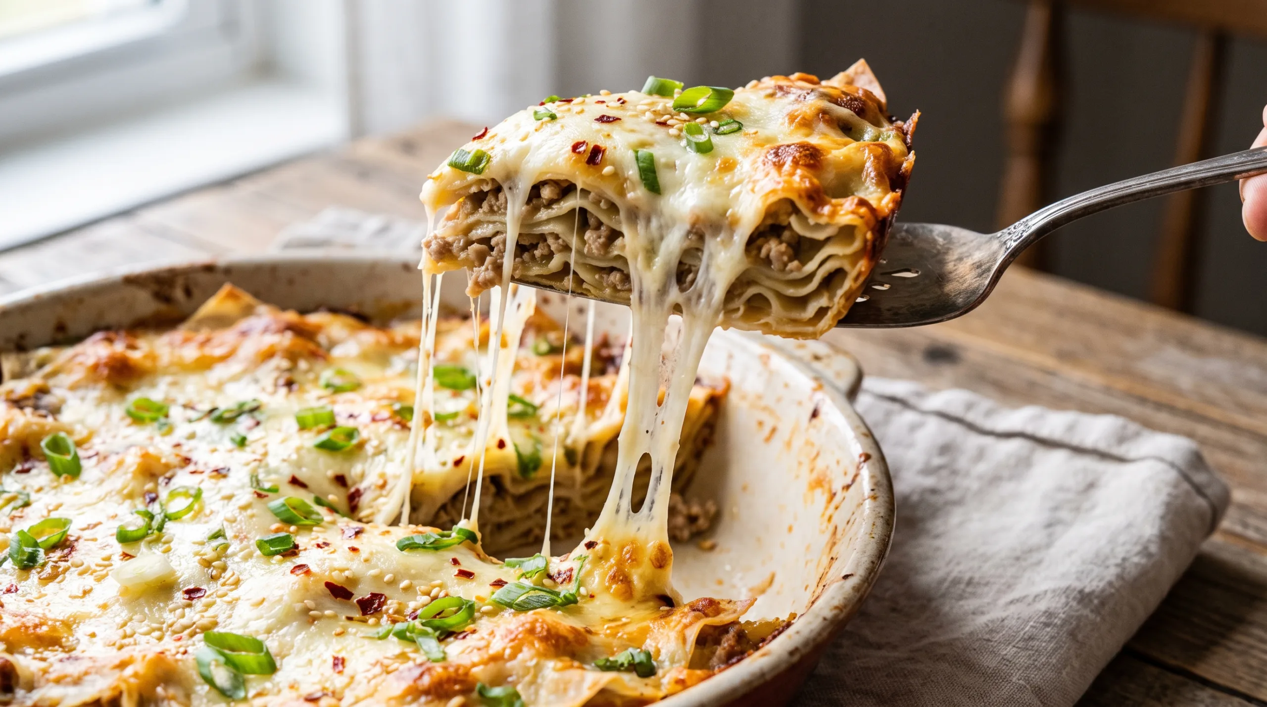 Best Dumpling Lasagna Recipe (Wonton Wrapper Hack!) 4 A slice of Dumpling Lasagna with delicate wonton wrapper layers lifted from a baking dish with a dramatic mozzarella cheese pull.