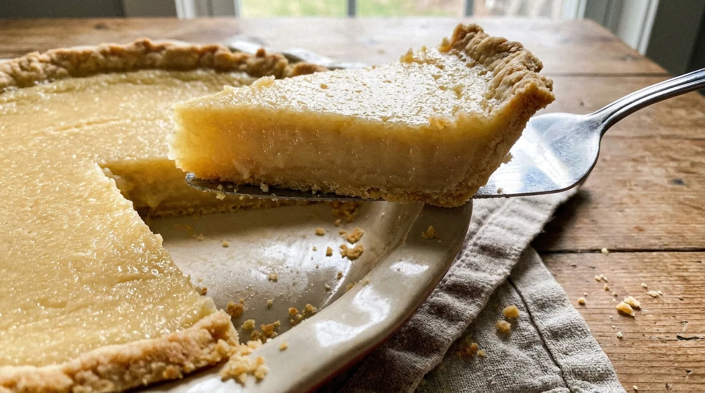 Slice of old-fashioned water pie showing buttery custard-like filling