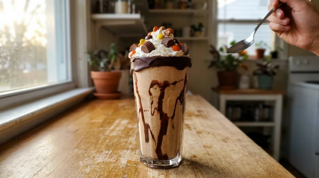 Reese's peanut butter shake with chocolate shell and whipped cream