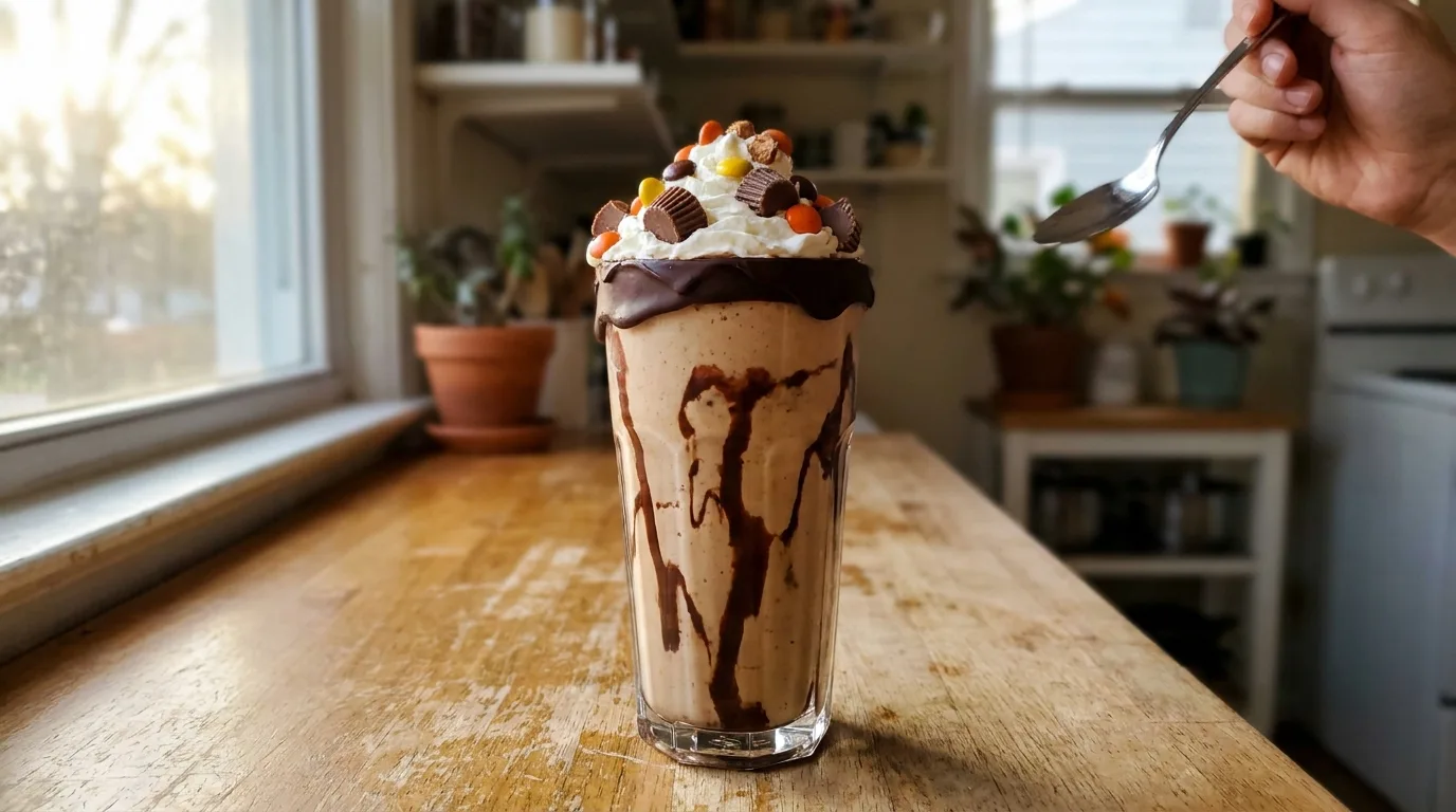 Reese's Peanut Butter Shake: Easy Crackable Shell Copycat 4 Reese's peanut butter shake with chocolate shell and whipped cream