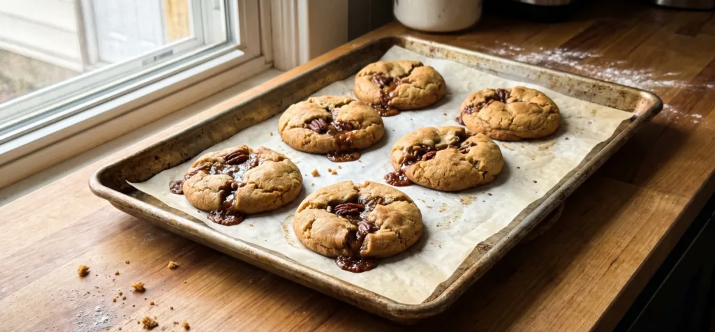 Pecan Pie Stuffed Cookies (Soft & Chewy Fall Recipe) 3 A tray of freshly baked Pecan Pie Stuffed Cookies with cracked tops showing a gooey caramelized pecan filling.
