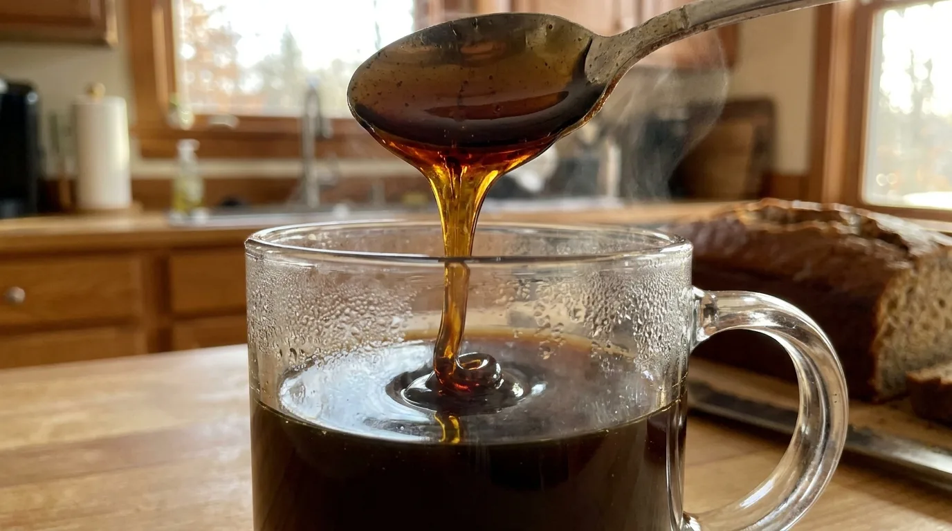 Banana Bread Latte: The Viral Coffee Syrup That's Beating Pumpkin Spice 4 Banana bread coffee syrup pouring into a glass mug of coffee
