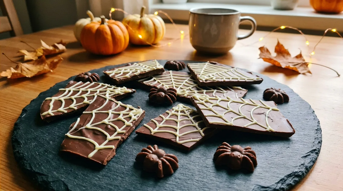 Spiderweb chocolate bark pieces arranged on a serving tray