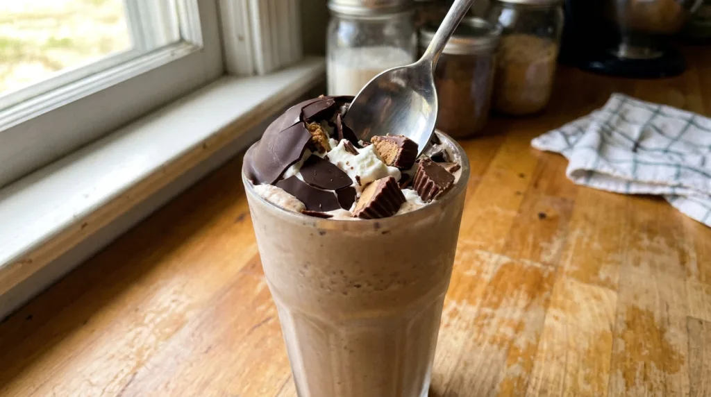 Reese's Peanut Butter Shake: Easy Crackable Shell Copycat 3 Spoon cracking the chocolate shell on a Reese's peanut butter shake