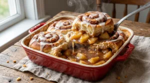 Spoon lifting gooey cinnamon roll apple cobbler with bubbling apple filling