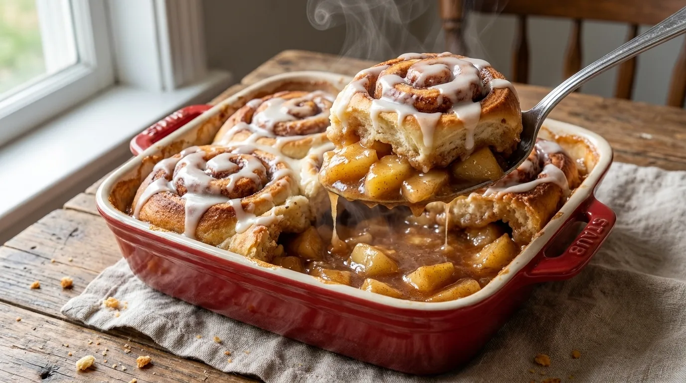 Spoon lifting gooey cinnamon roll apple cobbler with bubbling apple filling
