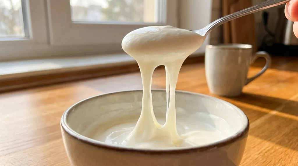 Spoon stretching glossy stretchy yogurt in long elastic strands