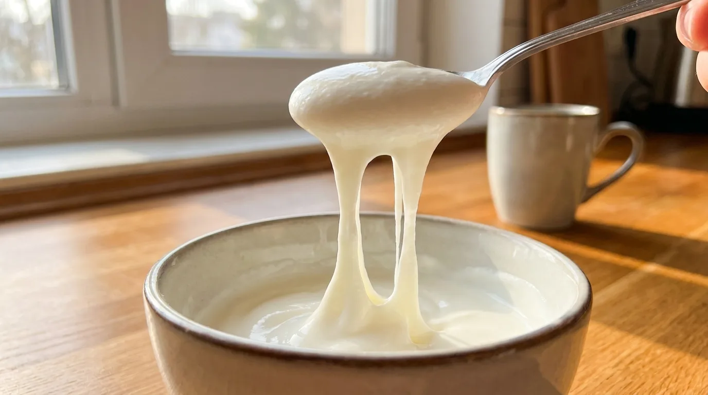Stretchy Yogurt: The Viral 3-Ingredient TikTok Trend That's 100% Real 4 Spoon stretching glossy stretchy yogurt in long elastic strands