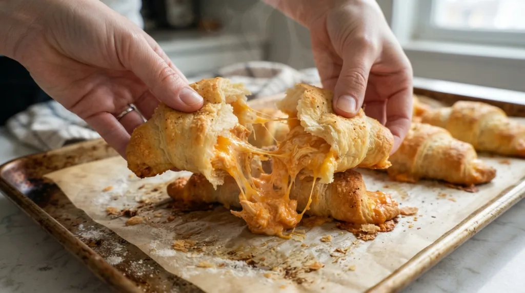 Buffalo chicken crescent roll torn open showing cheesy filling