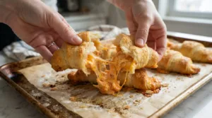 Buffalo chicken crescent roll torn open showing cheesy filling