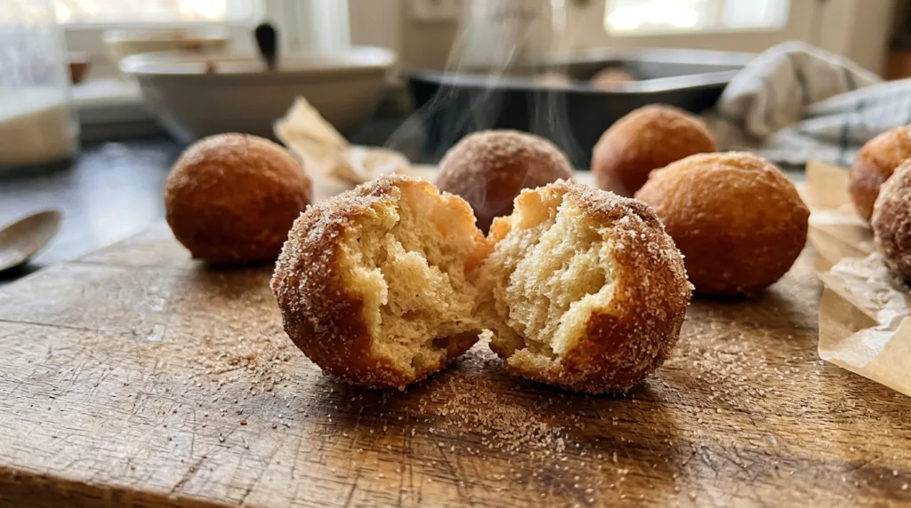Fresh apple cider donut hole torn in half showing soft fluffy interior