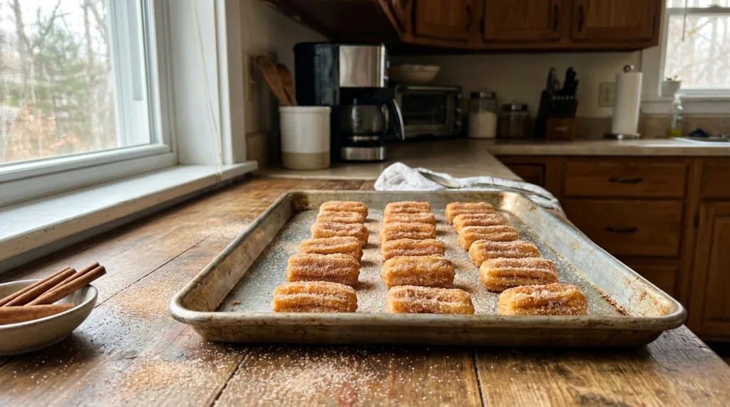 Tray of cinnamon churro ice cream sandwich bites on a kitchen counter