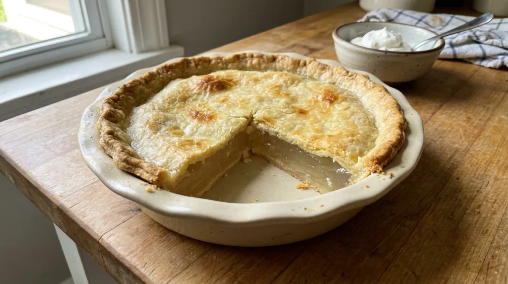 Homemade water pie in a deep-dish pie crust with one slice removed