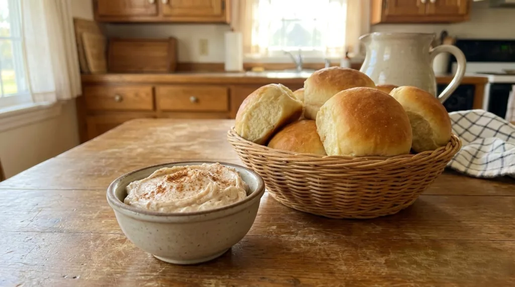 Cinnamon Butter: The Famous Restaurant Copycat You Can Make in 5 Minutes 3 Cinnamon butter served with warm dinner rolls on a wooden table