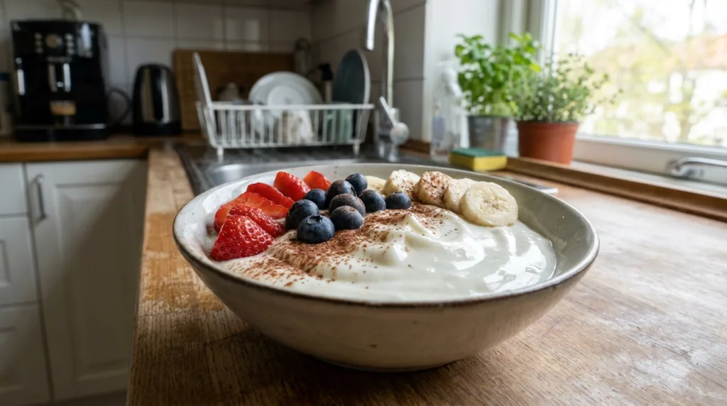 Stretchy Yogurt: The Viral 3-Ingredient TikTok Trend That's 100% Real 3 Bowl of stretchy yogurt topped with fruit on a kitchen counter