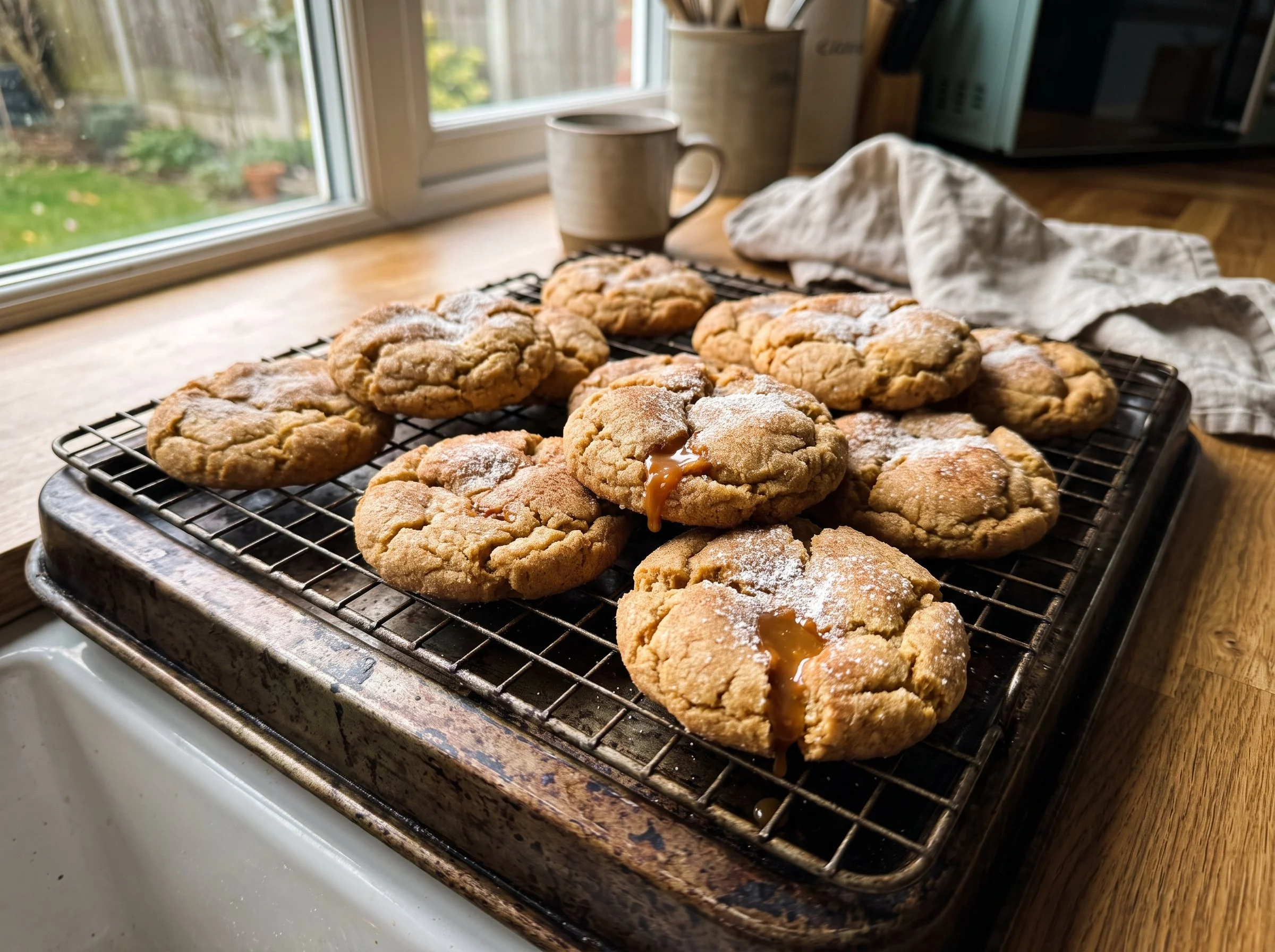 Caramel stuffed apple cider cookies, soft and chewy fall dessert recipe