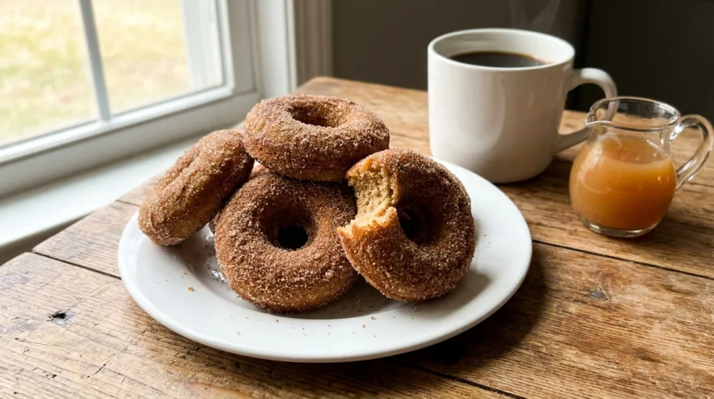 Baked Apple Cider Donuts (Easy, No Fryer, Cinnamon Sugar) 8 Stack of baked apple cider donuts with cinnamon-sugar coating on a plate with coffee