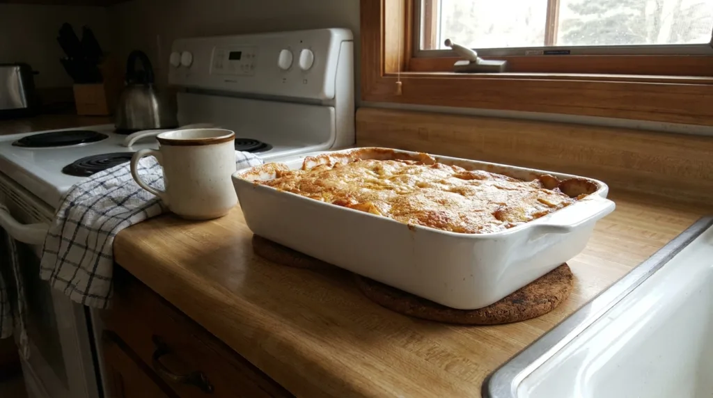 Apple Pie Dump Cake (Easy 4-Ingredient Fall Dessert) 3 Golden baked apple pie dump cake in a white baking dish on a kitchen counter
