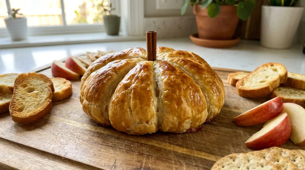 Pumpkin-Shaped Baked Brie (Easy Puff Pastry Appetizer) 3 Pumpkin baked brie with a cinnamon-stick stem served with baguette slices, apples and crackers.