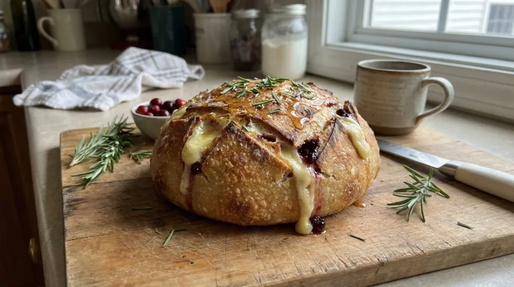 Cranberry Brie Bread with Rosemary and Honey 7 Pull-apart sourdough loaf with melted Brie, cranberry sauce, honey, and rosemary on a wooden board.