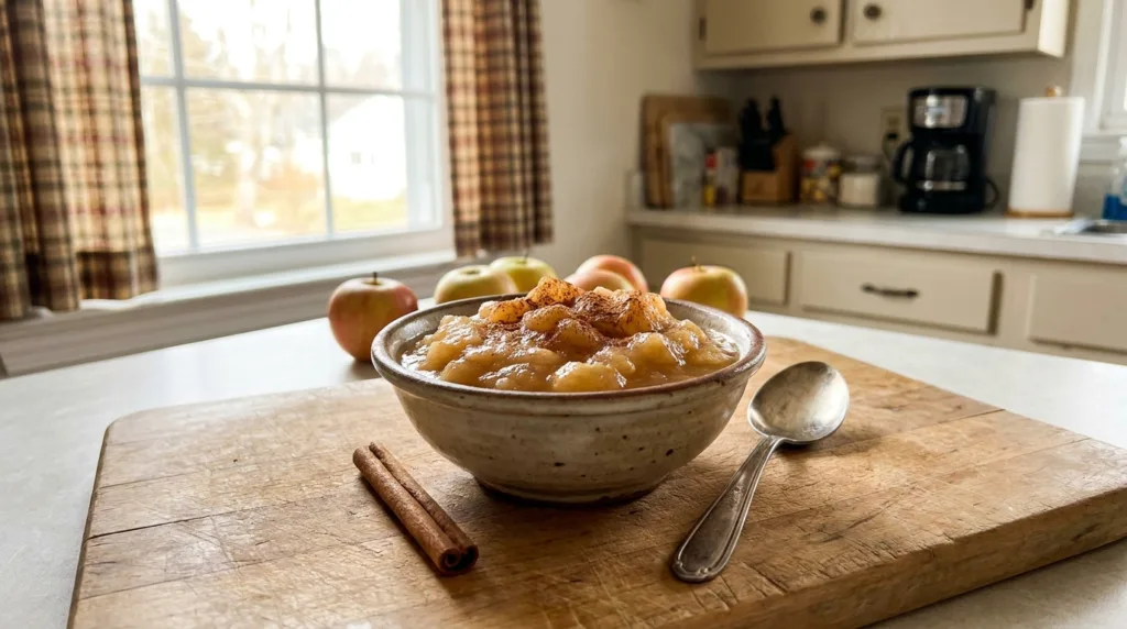 Bowl of homemade chunky applesauce with cinnamon on a kitchen counter