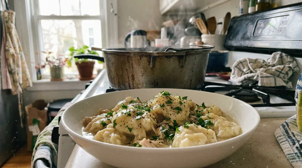 Chicken and Dumplings (Easy One-Pot Biscuit Dumplings) 3 Bowl of chicken and dumplings with fluffy dumplings and parsley in a home kitchen