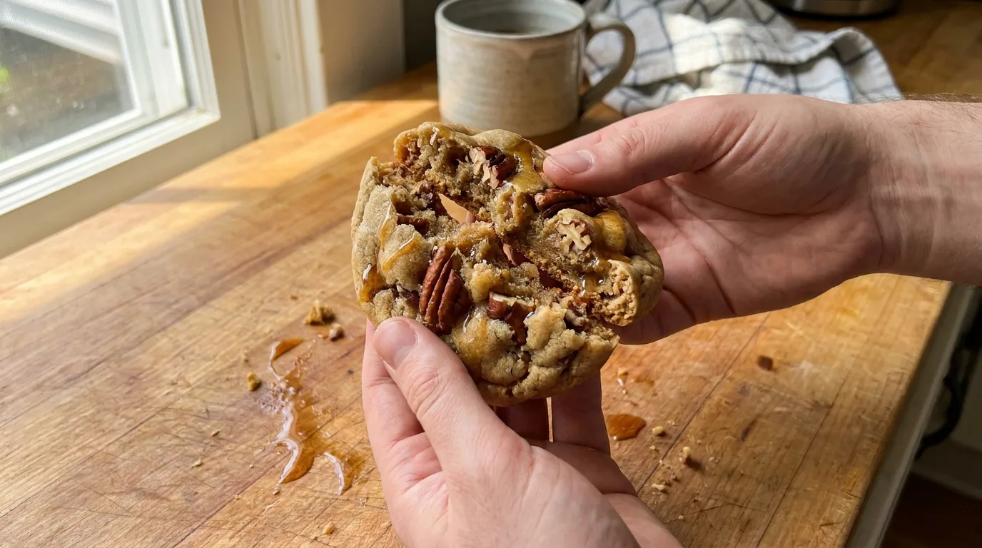 Brown Butter Maple Pecan Cookies: Thick, Chewy Fall Favorite 4 Brown butter maple pecan cookie broken in half showing chewy center
