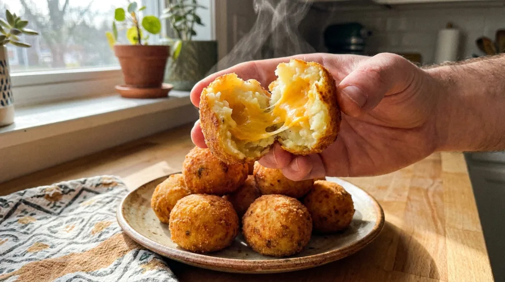 Breaking open a leftover mashed potato ball with melted cheddar cheese center