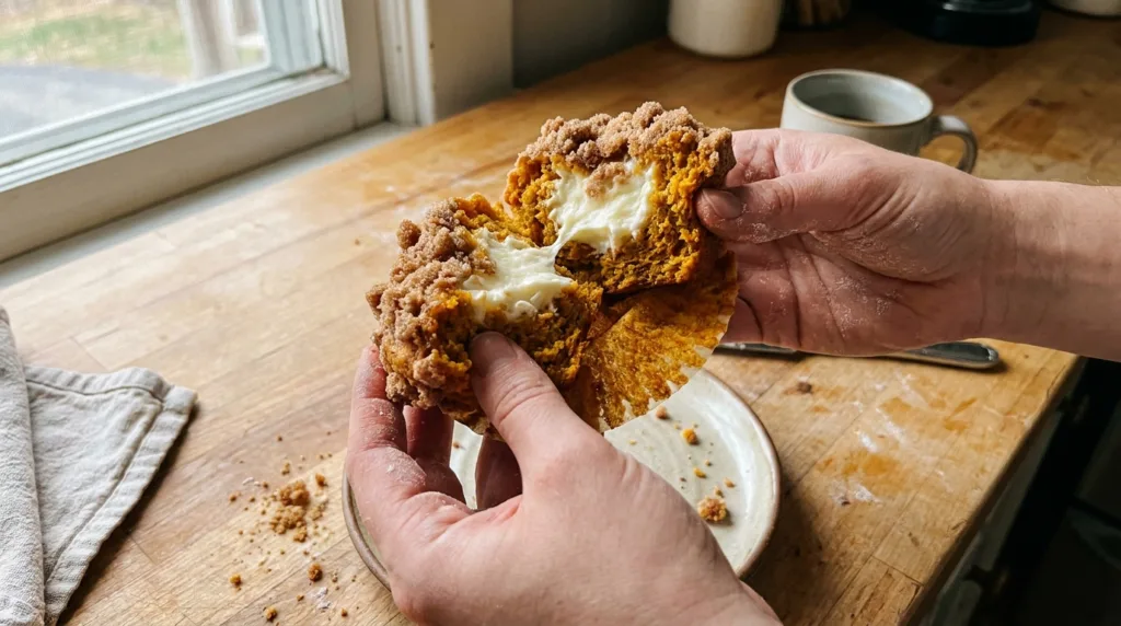 Pumpkin cream cheese muffin broken open to show creamy center