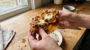 Pumpkin cream cheese muffin broken open to show creamy center
