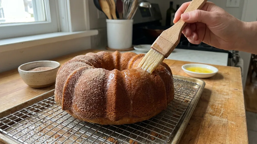 Brushing melted butter onto apple cider donut cake before adding the cinnamon-sugar crust.