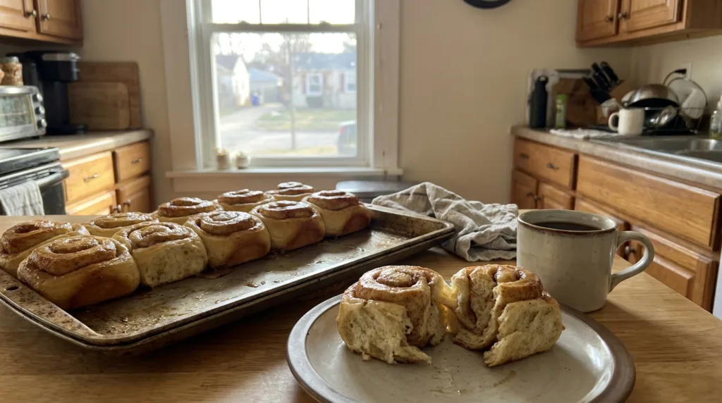 Maple Cardamom Buns (Soft Fluffy Fall Cinnamon-Roll Style) 3 Pan of glazed maple cardamom buns with one bun on a plate and coffee in a home kitchen