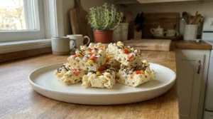 White chocolate popcorn bark topped with candy corn and served on a ceramic platter.