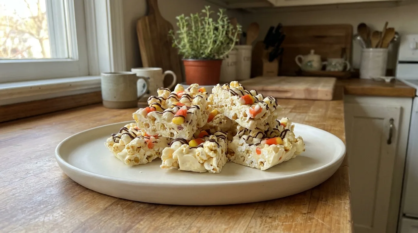 White chocolate popcorn bark topped with candy corn and served on a ceramic platter.