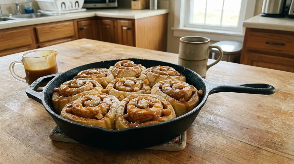 Skillet caramel apple cinnamon rolls with golden swirls, caramel drizzle and powdered sugar.
