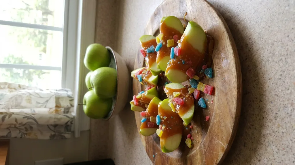 Sour Caramel Apple Slices (Easy No-Bake Fall Treat) 3 Platter of sour caramel apple slices topped with colorful sour candy in a home kitchen