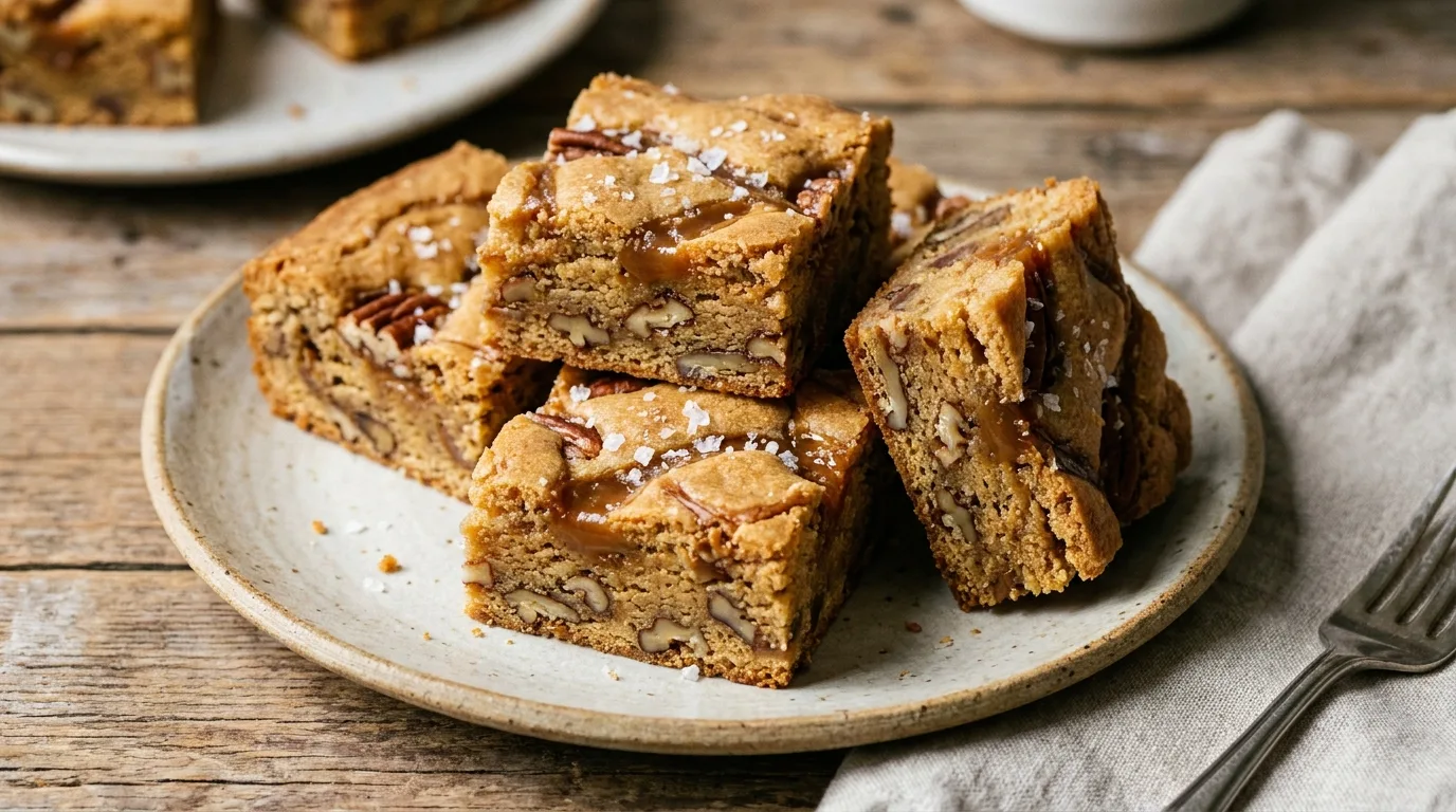 Caramel swirl blondies with toasted pecans and flaky sea salt, cut into squares.