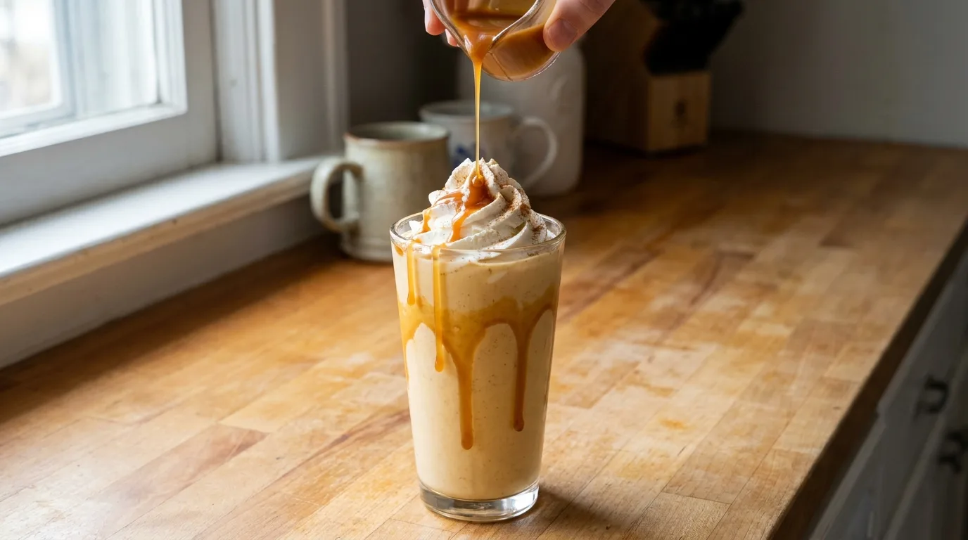 Caramel sauce poured over a whipped cream-topped pumpkin pie milkshake.