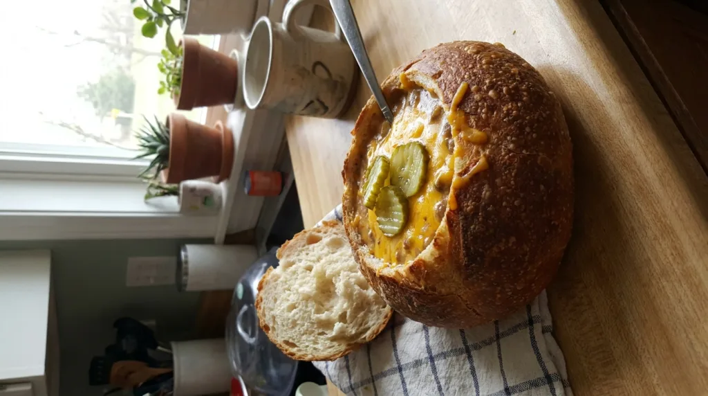 Cheeseburger soup in a crusty bread bowl topped with pickles and cheddar in a home kitchen