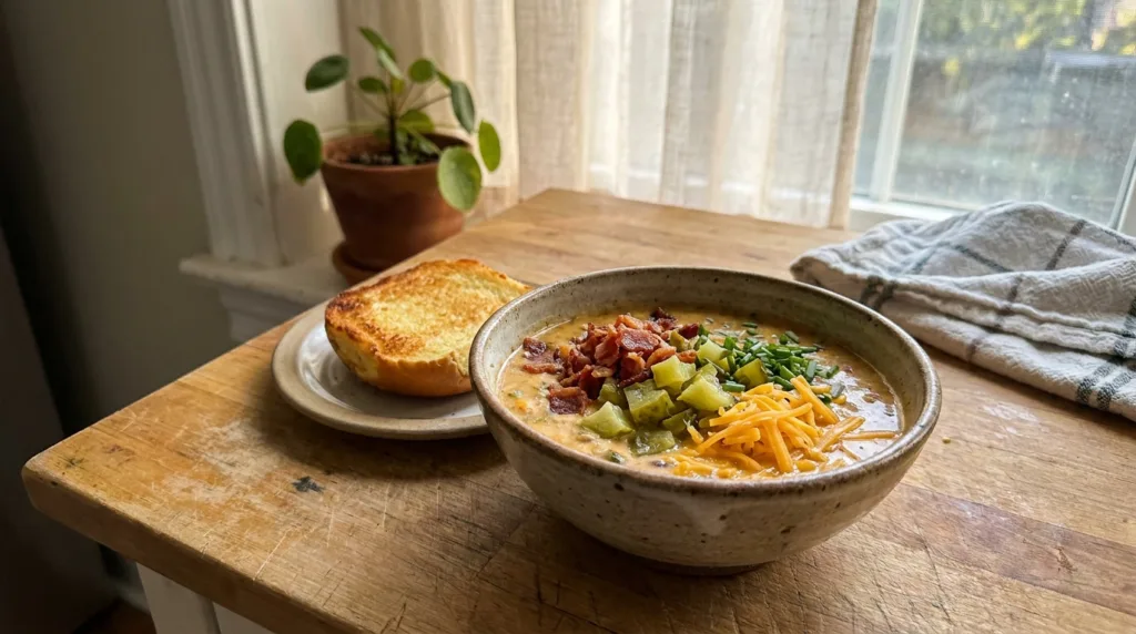 Bowl of cheeseburger soup with bacon, pickles and chives in a home kitchen