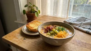 Bowl of cheeseburger soup with bacon, pickles and chives in a home kitchen